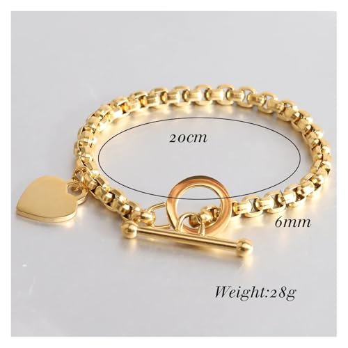 VIVAZYTGH 6MM Hand Kette Edelstahl Herz Armband for Frauen OT Schloss Mädchen Schmuck Zubehör Party Geburtstag Geschenk(Gold Bracelet) von VIVAZYTGH