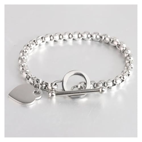 VIVAZYTGH 6MM Hand Kette Edelstahl Herz Armband for Frauen OT Schloss Mädchen Schmuck Zubehör Party Geburtstag Geschenk(Silver Bracelet) von VIVAZYTGH