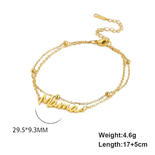VIVAZYTGH Buchstabe Mama Charm Armband Männer Frauen Edelstahl Doppelschicht Perlen Kette Armbänder Modeschmuck Muttertagsgeschenk(17-22cm_Double Chain Gold) von VIVAZYTGH
