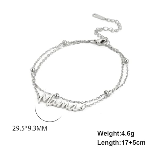 VIVAZYTGH Buchstabe Mama Charm Armband Männer Frauen Edelstahl Doppelschicht Perlen Kette Armbänder Modeschmuck Muttertagsgeschenk(17-22cm_Double Chain Steel) von VIVAZYTGH