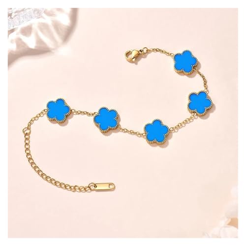VIVAZYTGH Lucky Clover Damen-Handarmbänder, doppelseitig, Blumen, Schmuck, Geschenke, Edelstahl-Armband, vergoldete Armbänder, Mann(Blue-Gold) von VIVAZYTGH