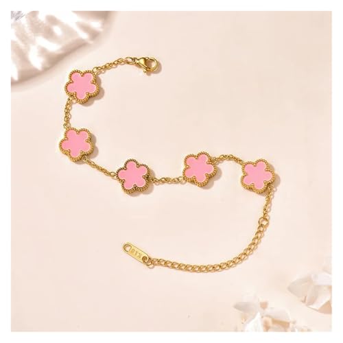 VIVAZYTGH Lucky Clover Damen-Handarmbänder, doppelseitig, Blumen, Schmuck, Geschenke, Edelstahl-Armband, vergoldete Armbänder, Mann(Pink-Gold) von VIVAZYTGH