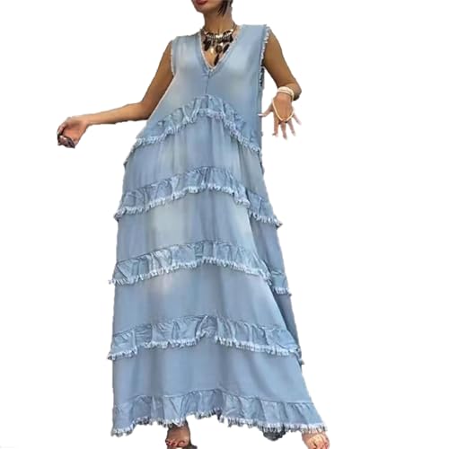 Ärmelloses A-Linien-Langkleid aus Denim mit V-Ausschnitt, ausgefranstes, fließendes Maxikleid aus Denim mit Stufen für Damen von VIVICOLOR