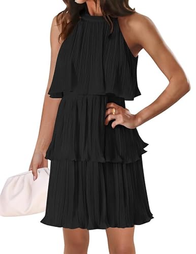 Ärmelloses Neckholder Rüschen Minikleid für Damen mit Mehreren Lagen plissiert Stehkragen A Linie Kurze Swing Kleider von VIVICOLOR