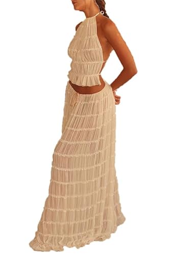 Damen 2 teiliges Maxirock Outfit für Damen Neckholder Tanktop + Langer Rock fließende gerüschte Kleid Anzug Sets Y2k von VIVICOLOR