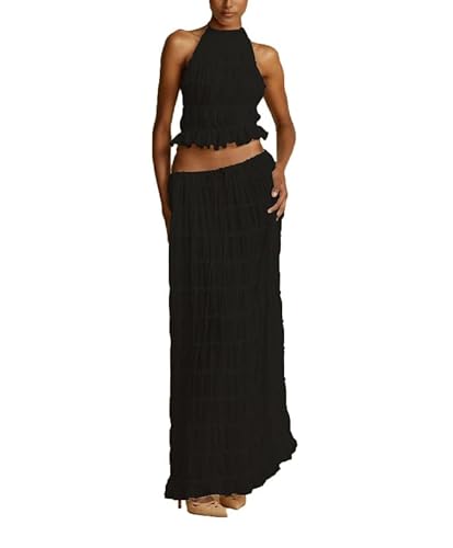 Damen 2 teiliges Maxirock Outfit für Damen Neckholder Tanktop + Langer Rock fließende gerüschte Kleid Anzug Sets Y2k von VIVICOLOR