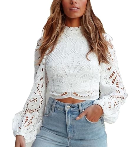 Damen-Crop-Tops mit Spitzen-Aushöhlung und Langen Ärmeln, Spitzen-Häkel-Rollkragen, schmal geschnittenes T-Shirt von VIVICOLOR