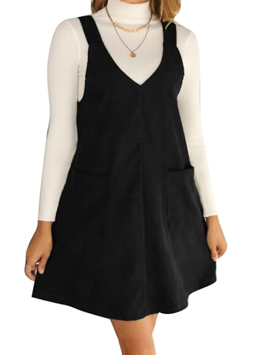 Damen Lässiges V-Ausschnitt Cord Overall Kleid Ärmellos A-Linie Latzkleid Kleider mit ausgestelltem Saum von VIVICOLOR