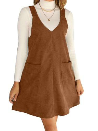 Damen Lässiges V-Ausschnitt Cord Overall Kleid Ärmellos A-Linie Latzkleid Kleider mit ausgestelltem Saum von VIVICOLOR