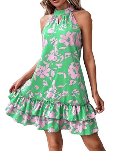 Damen Minikleid lässig Neckholder Blumendruck A Linie ärmellos Stehkragen Sommerkleid für Strandparty 2024 für Damen von VIVICOLOR