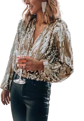 Damen Pailletten T-Shirts Glitzer V-Ausschnitt Bluse Damen Vintage Shiny Tops Sparkle Shirts Pullover Größe S-2XL von VIVICOLOR