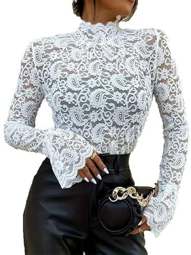 Damen-T-Shirt mit Rollkragen und Blumenspitze, Elegante Bluse mit Langen Ärmeln und transparenter Spitze von VIVICOLOR