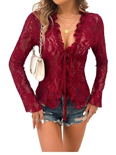 Damen durchsichtige Florale Spitze Langarm schlank Shirts vorne offen Krawatte Mesh sehen durch Bluse Tops von VIVICOLOR