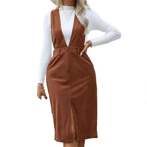 Frauen V-Ausschnitt Hosenträger Midi Rock Frauen Cord Overall Pinafore Herbst Kleid Pullover Kleider von VIVICOLOR