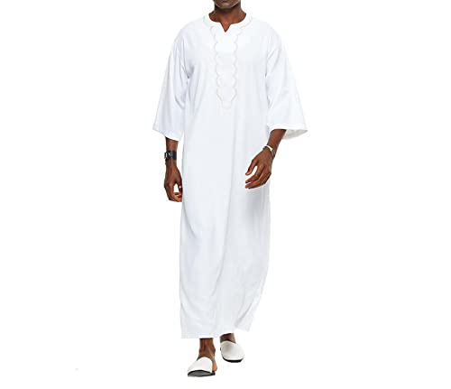 Herren Lose Leinen V-Ausschnitt Kurzarm Lounge Roben Kleider Herren Langarm Robe Button Up Side Split Kaftan Thobe mit Taschen Long Gown Shirt von VIVICOLOR