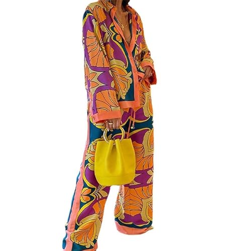 VIVICOLOR 2-teiliges Damen-Outfit langärmelig Knopfleiste Bluse Oberteil weites Bein Lange Hose Set Trainingsanzug von VIVICOLOR