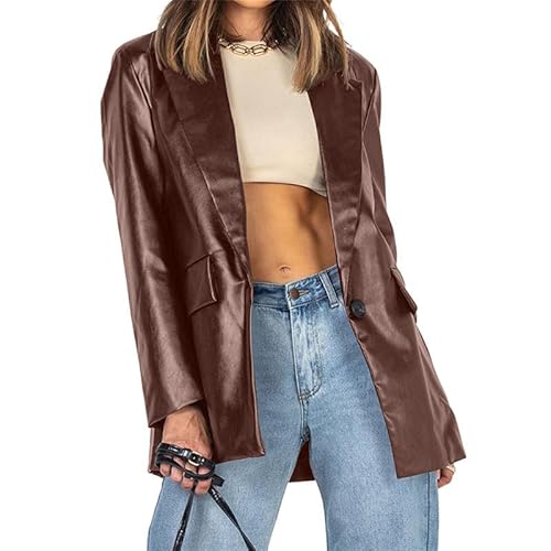 VIVICOLOR Damen Blazer aus Kunstleder mit einem Knopf Revers PU Motorradjacke Lederblazer Damen von VIVICOLOR