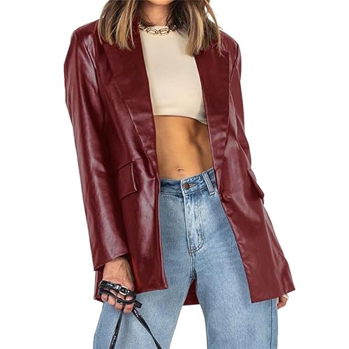 VIVICOLOR Damen Blazer aus Kunstleder mit einem Knopf Revers PU Motorradjacke Lederblazer von VIVICOLOR