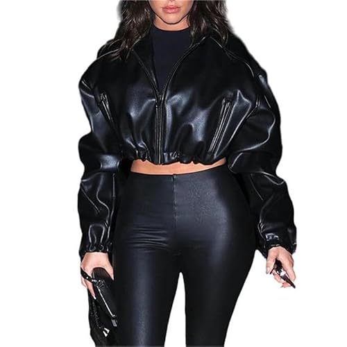 VIVICOLOR Damen Cropped Lederjacke mit Kapuze PU Leder Kurze Jacke Schwarz Slim Fit Reißverschluss Leder Crop Jacke von VIVICOLOR