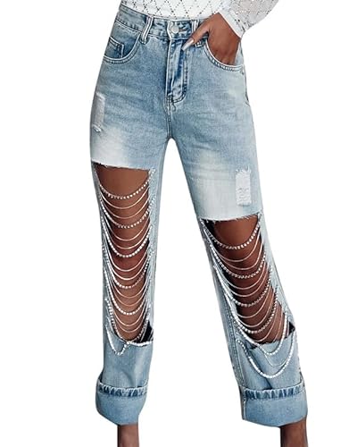 VIVICOLOR Damen-Jeans mit ausgeschnittener Kette und Strasssteinen, hoher Taille, Diamant-zerrissenes Loch, Denim-Hose von VIVICOLOR
