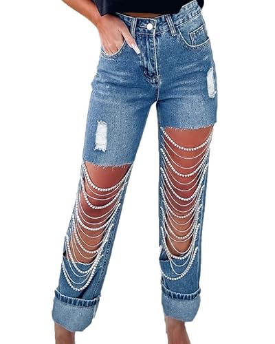 VIVICOLOR Damen-Jeans mit ausgeschnittener Kette und Strasssteinen, hoher Taille, Diamant-zerrissenes Loch, Denim-Hose von VIVICOLOR