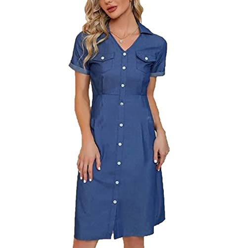 VIVICOLOR Damen Jeanskleid Blau Maxikleid Kurzarm Sommer Leichtes Jeanskleid von VIVICOLOR