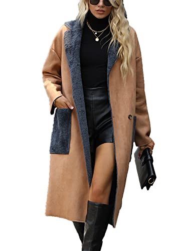 VIVICOLOR Damen Kunstpelz Wildleder Langer Mantel Revers Fleece Kamel Jacke Winter Pelzkragen Dicker Oberbekleidung Trenchcoat von VIVICOLOR