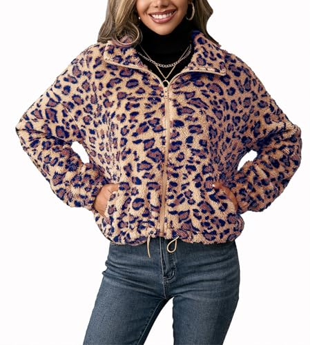 VIVICOLOR Damen Leopard Fleece Mantel Full Zip Kunstpelz Sherpa Crop Jacke Geparden Print Plüsch Outwear von VIVICOLOR