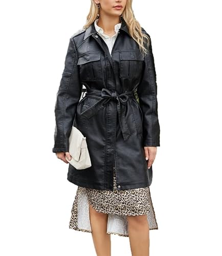 VIVICOLOR Damen Mid Lenght Leder Trenchcoat Schwarz Full Zip Kunstledermäntel mit Gürtel von VIVICOLOR