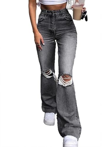 VIVICOLOR Damen Ripped Flare Jeans High Taille Cutout Knie Denim Hose Bell Bottoms von VIVICOLOR