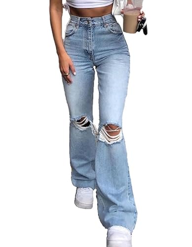 VIVICOLOR Damen Ripped Flare Jeans High Taille Cutout Knie Denim Hose Bell Bottoms von VIVICOLOR