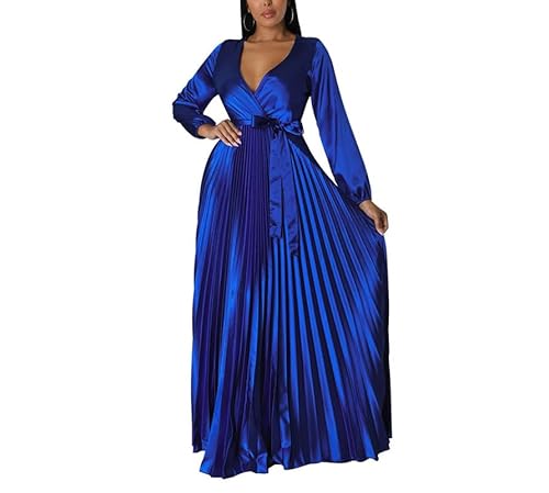 VIVICOLOR Damen-Satin-Plissee-Langkleid. Damen-Plisseekleid mit V-Ausschnitt und Langen Ärmeln von VIVICOLOR