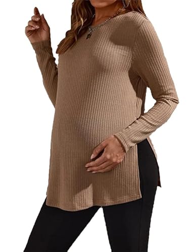 VIVICOLOR Damen Umstands-Langarm-Oberteile, Gerippter Strick, Schwangerschafts-Oberteile, seitlicher Schlitz, lässige Umstandsbluse von VIVICOLOR