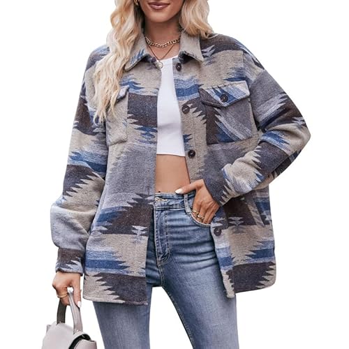 VIVICOLOR Damen Vintage Aztekenjacke Damen Casual Aztekenmuster Shacket Aztekendruck Wolljacke Hemden Mantel von VIVICOLOR