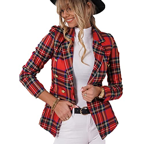 VIVICOLOR Damen zweireihig kariert kariert Blazer Damenjacke mit goldenem Knopf Business Office Smart Coat von VIVICOLOR