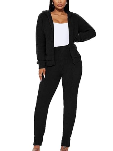 VIVICOLOR Flauschiges Winter-Pyjama-Set für Damen, Plüsch-Nachtwäsche mit Reißverschluss, Jacke und Hose, Flauschiges Plüsch-Pyjama-Set von VIVICOLOR