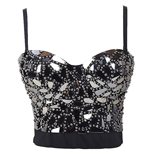 VIVICOLOR Frauen Weißer Bling BH Bustier Damen Punk Strass Perlen Crop Top Sparkle Schillernde Glänzende Weste Korsett von VIVICOLOR