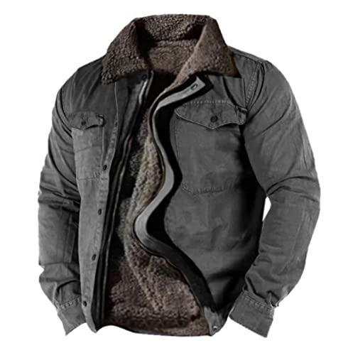 VIVICOLOR Herren Winter warme Frachtjacken Männer Feste Farbe Sherpa Fleece Gefüttert Trucker Mäntel Pelzkragen Motorradjacke Oberbekleidung von VIVICOLOR