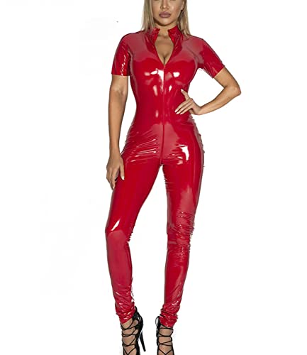 VIVICOLOR Lack-Catsuit mit Reißverschluss Roter PVC-Overall für Damen Glänzender Kunstleder-Catsuit Crotchless Playsuit S-5XL von VIVICOLOR
