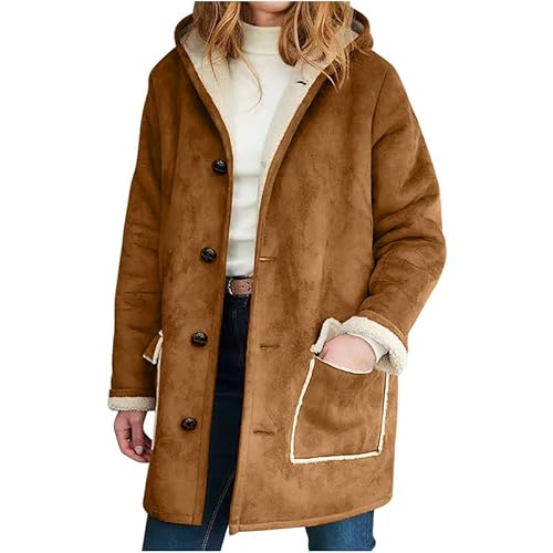VIVICOLOR Langer Damen-Trenchcoat aus Wildleder-Fleece. Warmer Mantel aus Wildlederimitat-Lammfell mit Knöpfen für Damen und Kapuze von VIVICOLOR