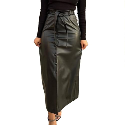 VIVICOLOR Mittellanger Damenrock aus PU-Leder, Langer Bleistiftrock aus Leder mit Knopfleiste vorne und Gürtel von VIVICOLOR