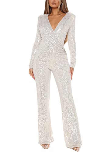 VIVICOLOR Pailletten-Overall Mit Tiefem V-Ausschnitt FüR Damen, WeißEr, Eleganter Glitzer-Pailletten-Strampler Mit Langen äRmeln Und Weitem Bein, GläNzender, Funkelnder Overall von VIVICOLOR