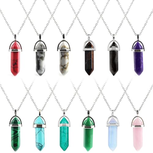 VIVIIHOO Kristall Kette Set mit 12 sechseckigen Anhängern und Spitzen Quarz-Steinen, Edelstein Halsketten mit Beutel in 12 Farbvarianten, 41x10 mm, 12 Stück. VIVIIHOO Kristall Kette Set mit 12 sechseckigen Anhängern und Spitzen Quarz-Steinen, Edelstein Halsketten mit Beutel in 12 Farbvarianten, 41x10 mm, 12 Stück. von VIVIIHOO
