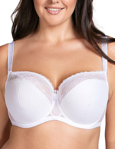 VIVISENCE BH Damen Mit Bügel Halbgepolsterter BH Mit Floraler Spitze Stützenden Bügeln Stabiler Passform Für Große Brüste Und Verstellbaren Breiten Trägern, Weiß,90E von VIVISENCE