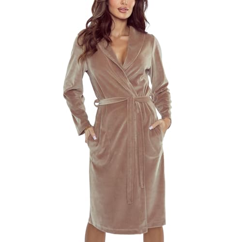 VIVISENCE Bademantel Mit Gürtel Taschen Beidseitig Weich Anschmiegsam Material 5022, Beige,XL von VIVISENCE