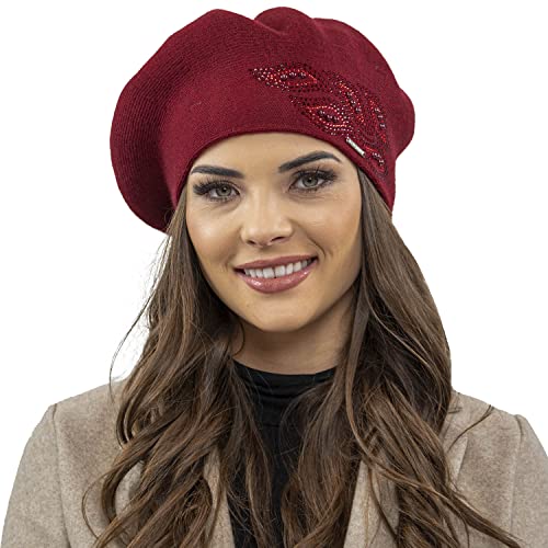 VIVISENCE Baskenmütze Für Damen Winter Herbst Warme Barette Mit Glänzender Zirkonia-Applikation Frauen Elegante Klassischem Stil Perfekte Für Herbst Und Wintertage Modell 7051, Weinrot,Einheitsgröße von VIVISENCE