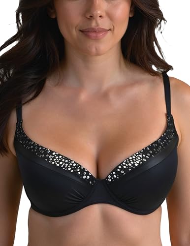 VIVISENCE Bikini Push-Up-BH Stilvoller Zum Schwimmen Gepolsterte Schalen Bügel-BH Verstellbare Träger Widerstandsfähig Gegen Verfärbung Und Verformung, Schwarz-Silbern,85E von VIVISENCE
