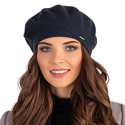VIVISENCE Damen Baskenmütze Eleganter Wintermütze Warm Und Gemütlich Kopfbedeckung An Winter Und Herbst Warm Dick Strickmütze, Klassisch Mütze Für Frauen Modell 7005, Dunkelblau,Einheitsgröße von VIVISENCE