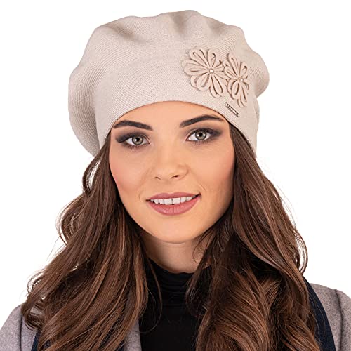 VIVISENCE Damen Baskenmütze Eleganter Wintermütze Warm Und Gemütlich Kopfbedeckung An Winter Und Herbst Warm Dick Strickmütze, Klassisch Mütze Für Frauen, Hergestellt In Der EU, Beige von VIVISENCE