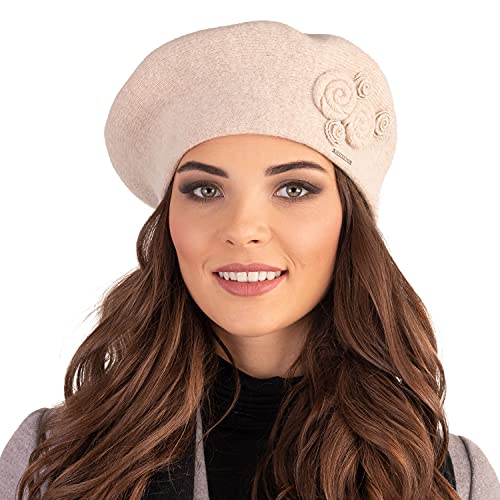 VIVISENCE Damen Baskenmütze Eleganter Wintermütze Warm Und Gemütlich Kopfbedeckung An Winter Und Herbst Warm Dick Strickmütze, Klassisch Mütze Für Frauen, Hergestellt In EU, Beige von VIVISENCE